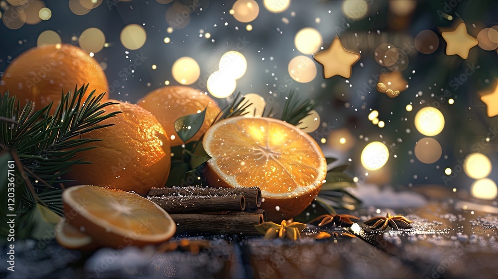 Fototapeta premium oranges, cinnamon sticks, and pine leaves