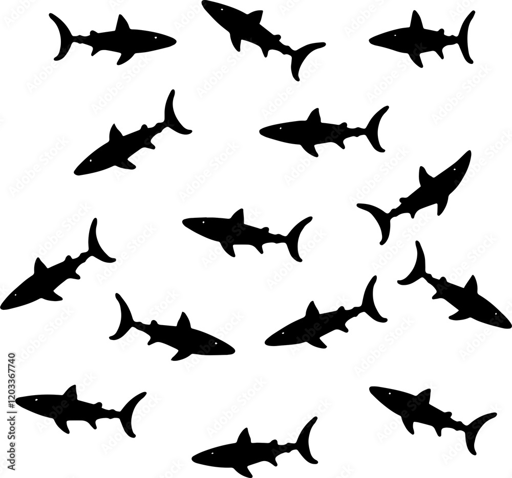 Fototapeta premium Shark silhouettes swimming in ocean marine life dynamic underwater scene, isolate white background