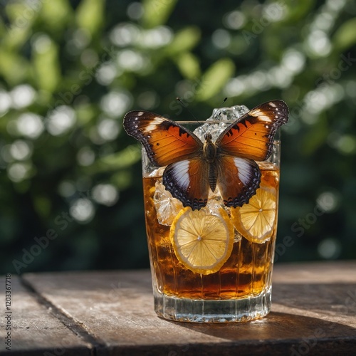 A butterfly resting on a glass of iced tea outdoors.