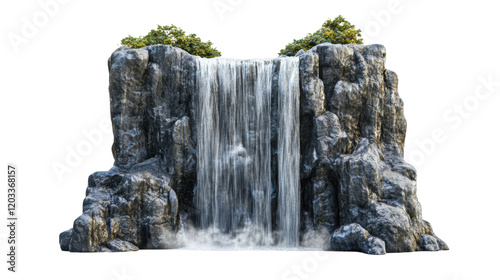 A tall cascading waterfall with mist rising around it, isolated on a white background. 