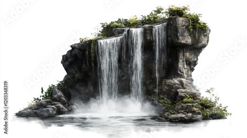 A tall cascading waterfall with mist rising around it, isolated on a white background. 