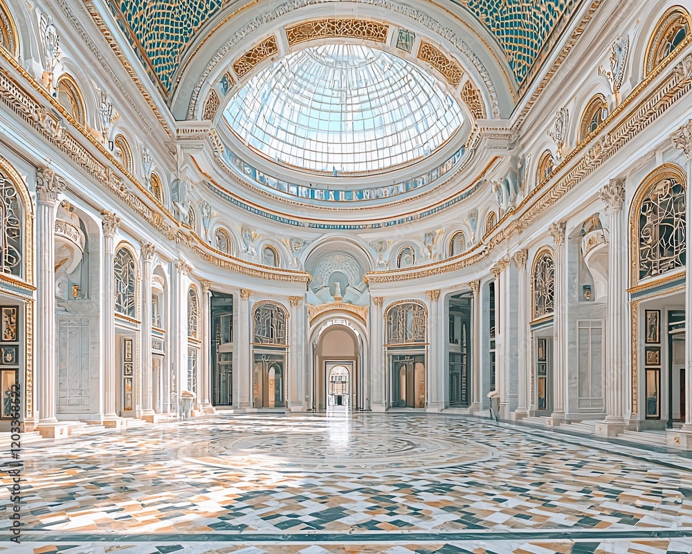 Obraz premium Grand hall with glass dome, marble floor, and ornate columns.