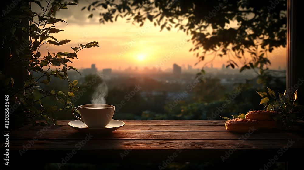 Serene sunrise view from a wooden table with a steaming cup of coffee and pastries Serene sunrise view from a wooden table with a steaming cup of coffee and pastries