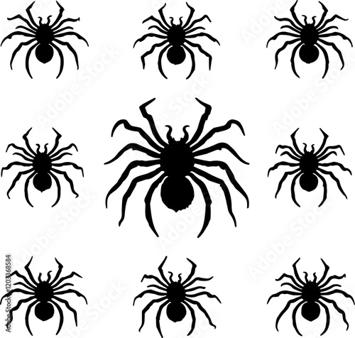 Silhouette spiders in action minimalist art creative view, isolate white background photo