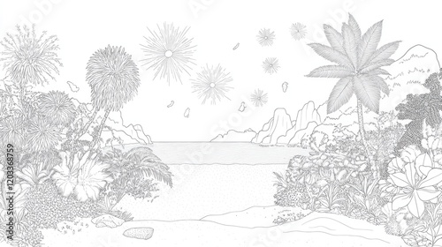 Wallpaper Mural Tropical Paradise Coloring Page with Lush Vegetation and Ocean View for Relaxation and Creativity Torontodigital.ca