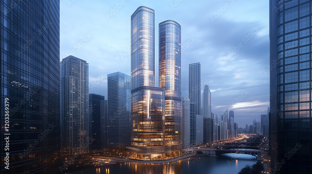 Fototapeta premium Skyscrapers in Downtown City with Modern Architecture at Dusk