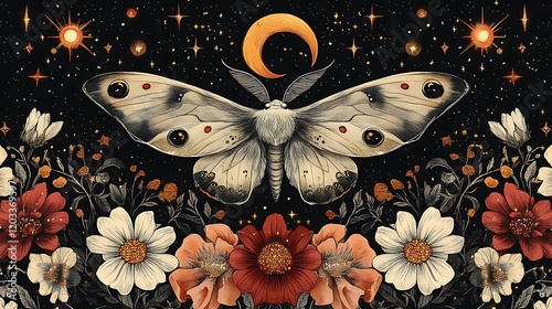 4d Black background with white flowers, red and orange cosmos at the bottom of the design, a large moth in the center with a crescent moon behind it, stars around, small yellow suns, a symmet photo