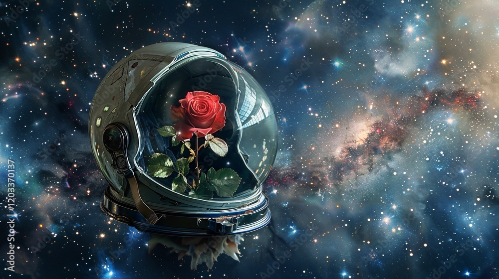 Fototapeta premium An astronaut helmet, fractured and damaged, with a beautiful rose growing inside, surrounded by stars, galaxies, and nebulae, rendered in hyper detail with hdr