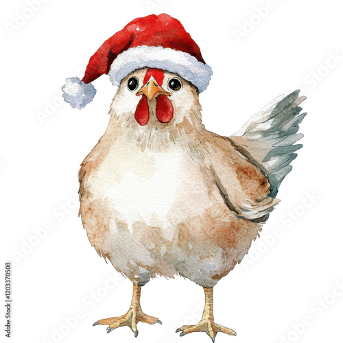 Festive Christmas Chicken Clipart Vector Illustration – Cute Holiday Hen with Santa Hat and Seasonal Decorations