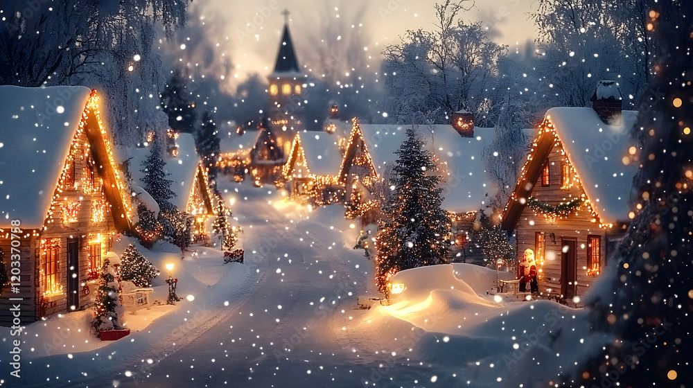 Naklejka premium The winter christmas village is a beautiful sight. The snow is falling gently and the lights are shining brightly. The houses are covered in sparkling white, and the streets are lined with trees.