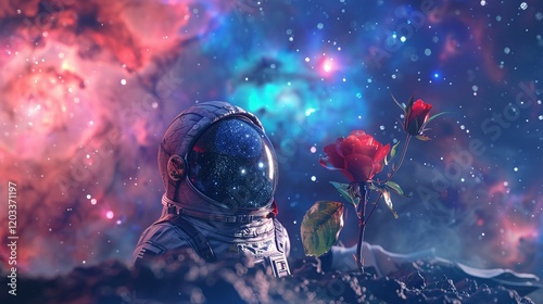 An astronaut helmet, broken and abandoned, with a rose sprouting from it, set against a detailed galaxy and nebula background, 8k octane render with volumetric lighting
