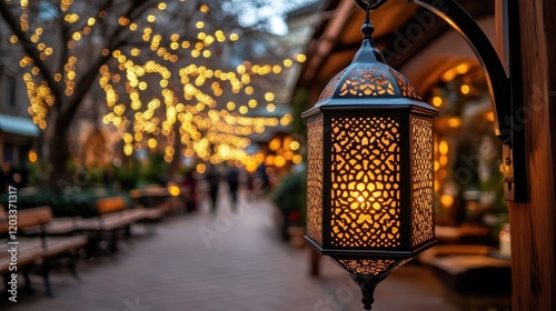 Warm Glow of Ornate Lanterns in a Charming Outdoor Alley Decorated with Twinkling Fairy Lights for a Cozy Evening Ambiance photo