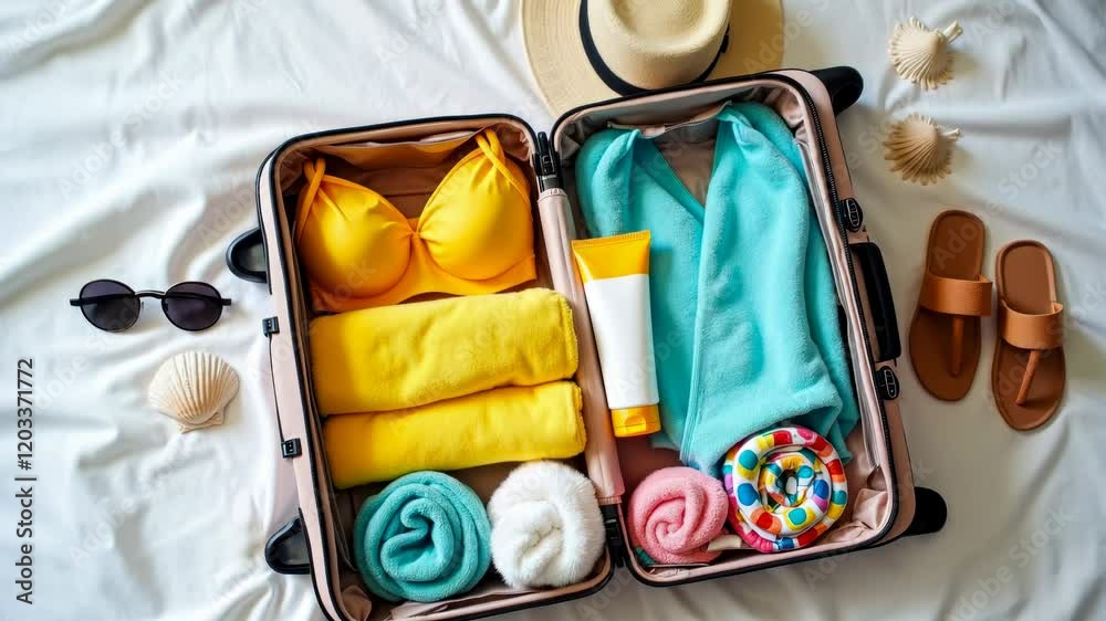 Open suitcase with beachwear, sunscreen, towels, and sandals, ready for ...