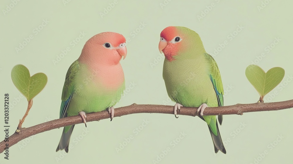 Fototapeta premium Colorful Lovebirds Perched on Branch with Heart-Shaped Leaves Against Soft Green Background