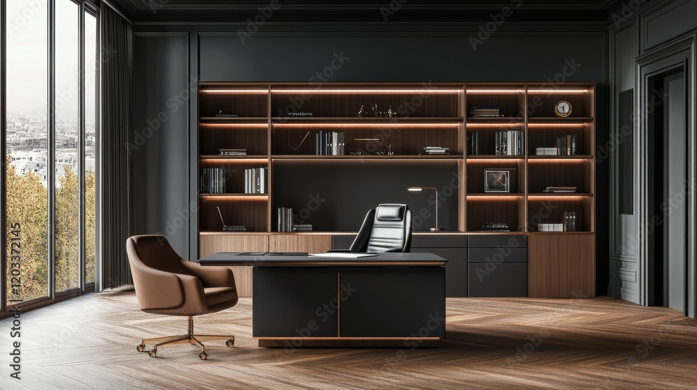 Fototapeta premium A modern office interior with a desk, chair, and shelving units against a dark wall on a wooden floor, concept of a corporate workspace.