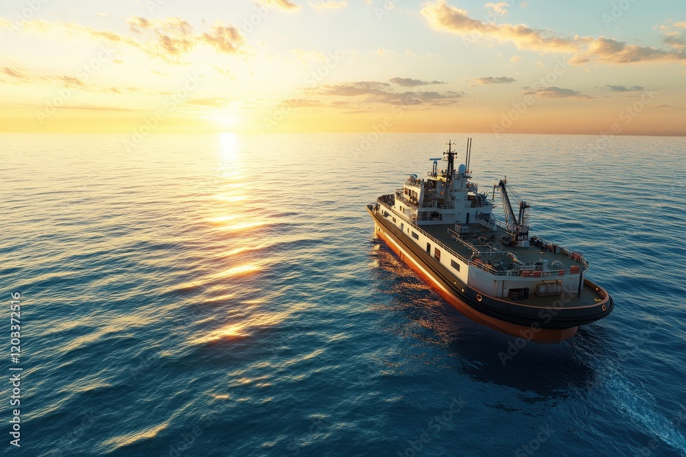 A Lone Ship Navigating the Calm Ocean Waters at Sunset, Illuminating the Seascape in Golden Hues and Reflecting Tranquility and Adventure on the Horizon A Lone Ship Navigating the Calm Ocean Waters at Sunset, Illuminating the Seascape in Golden Hues and Reflecting Tranquility and Adventure on the Horizon