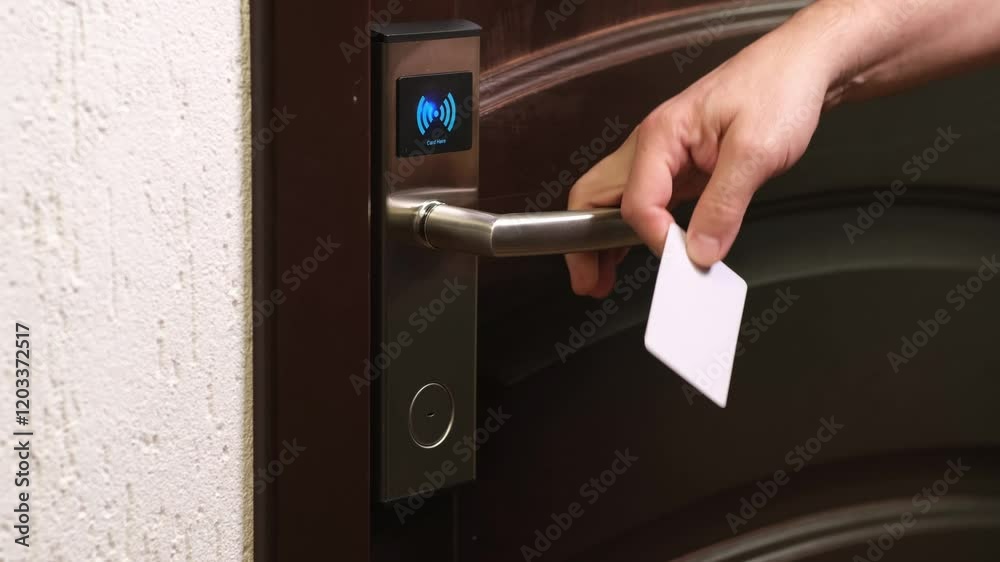 Hand open hotel room door with electronic card key close up. Magnetic smart key to unlock doors. Protection and security system concept