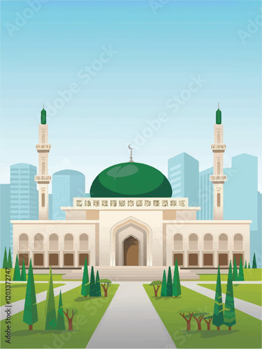 Peaceful Mosque Illustration Amidst Nature.