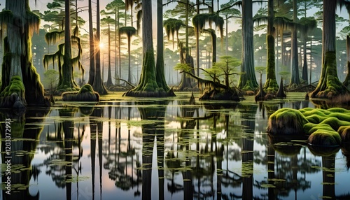 Enchanted Cypress Swamp at Sunrise: A Mystical Reflection