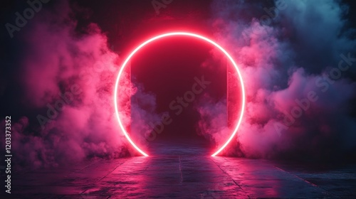 Striking neon pink arch glows in the darkness serving as a portal frame surrounded by ethereal smoke and dynamic laser effects inviting viewers into a surreal space experience photo