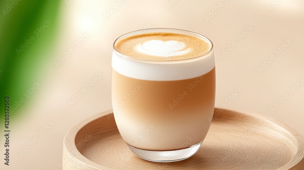 Creamy Latte with Heart Design Served in Elegant Glass on Wooden Tray Creamy Latte with Heart Design Served in Elegant Glass on Wooden Tray