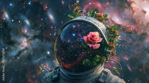 A broken astronaut helmet with a rose emerging from it, set against a cosmic background of galaxies and nebulae, detailed in 8k octane render with volumetric lighting