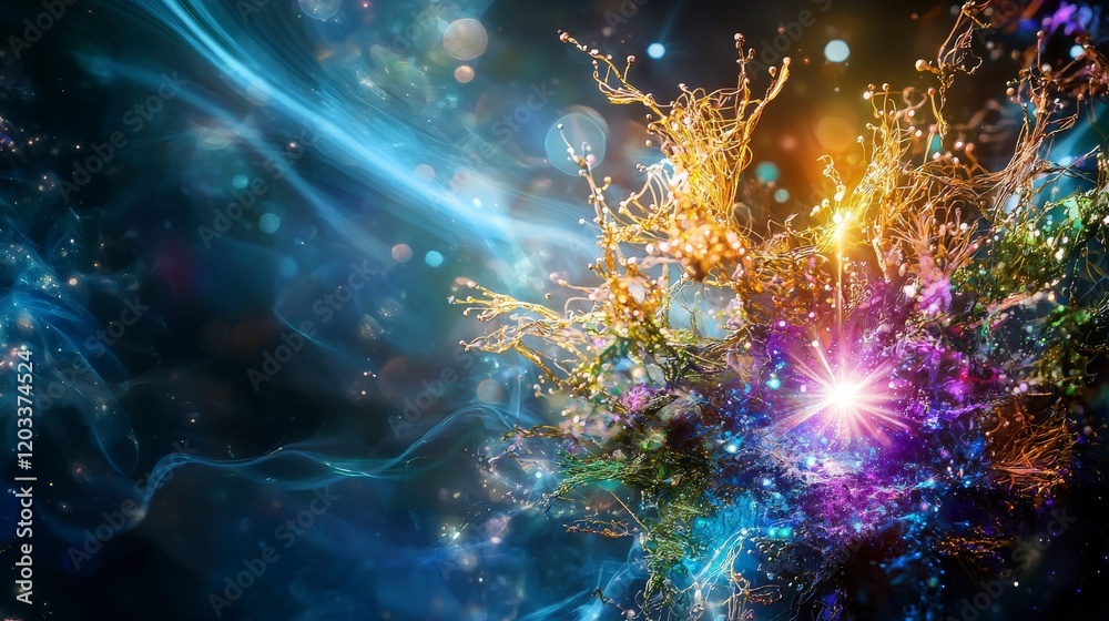Obraz premium Exploring living energy connections with memories in a cosmic landscape of color and light abstract art digital realm