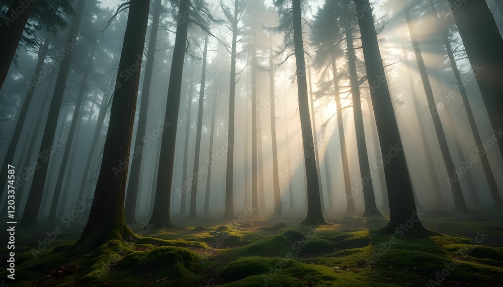 Naklejka premium Enchanted Forest: Sunbeams through Misty Woods