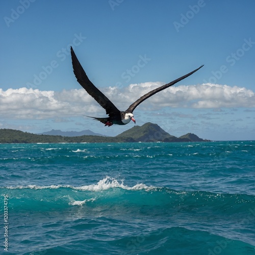 A magnificent frigatebird soaring above turquoise ocean waves with distant islands in view.