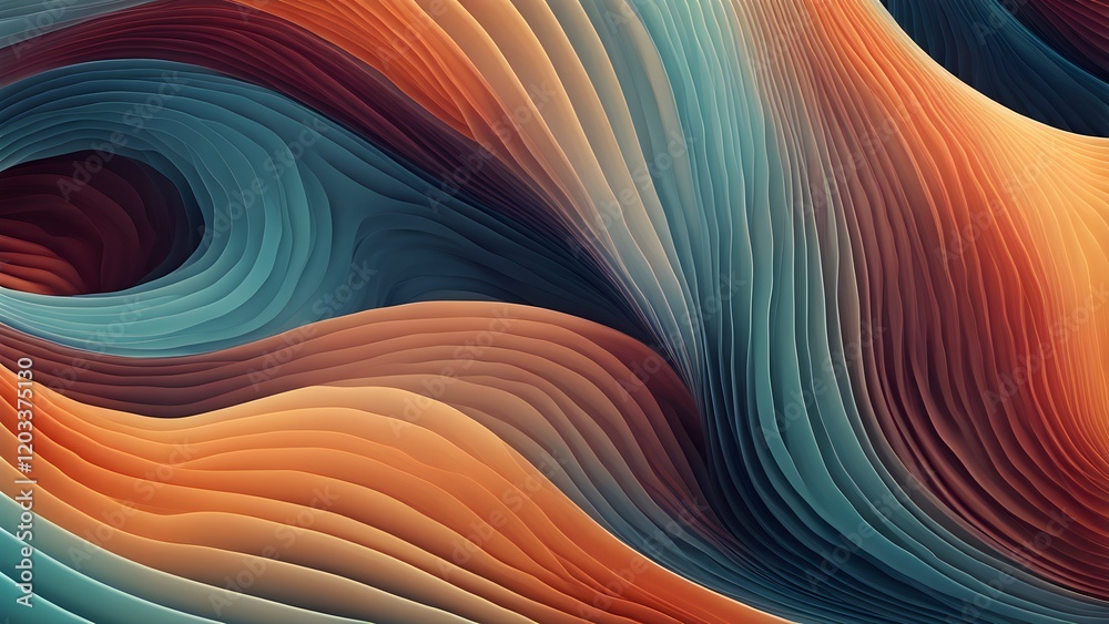 Abstract background with swirling, layered, textured, and colorful wave patterns in teal, orange, and brown tones.