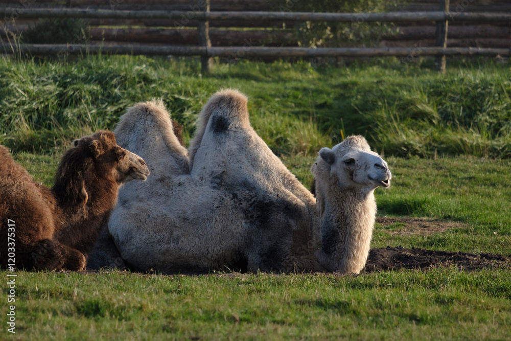 Fototapeta premium Camels resting at the farm, two-humped camels