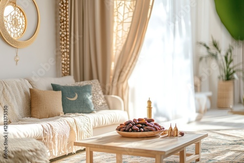 Modern Living Room with Cozy Sofa, Decorative Pillows, Stylish Table and Middle Eastern Fine Dining Setup Featuring Dates and Candle Holder photo