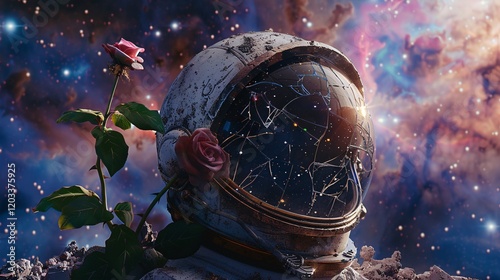 An astronaut helmet, broken and abandoned, with a rose sprouting from it, set against a detailed galaxy and nebula background, 8k octane render with volumetric lighting