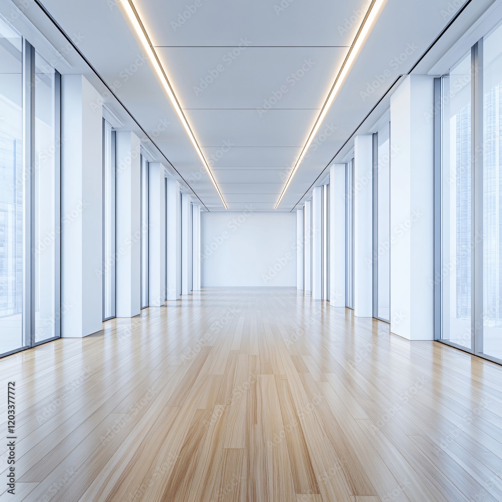 Modern Empty Office Space with Hardwood Floor and City View Modern Empty Office Space with Hardwood Floor and City View