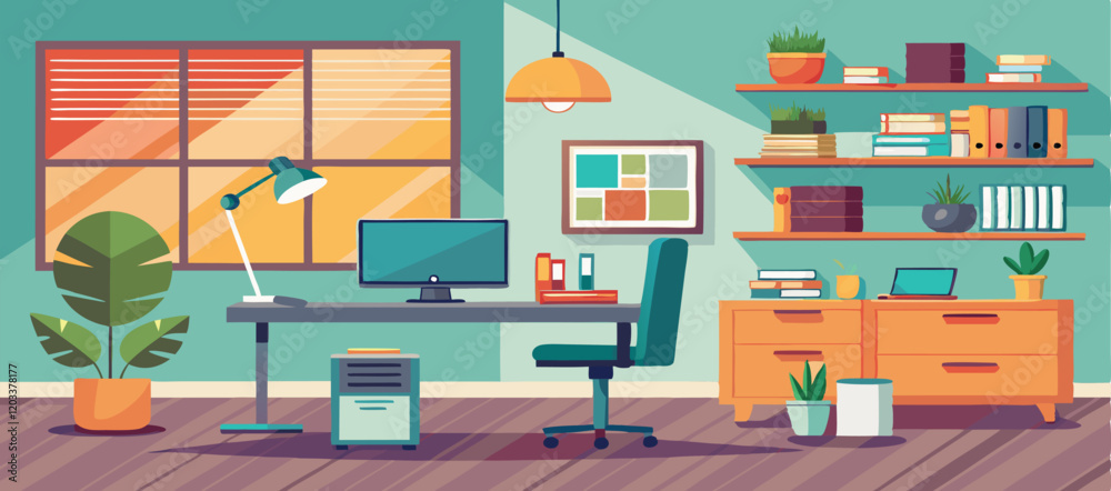 Office Workplace interior With Computer Table Vector Office Workplace interior With Computer Table Vector
