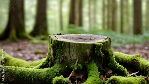 Tree stump covered in lush moss with a blurred forest background.
