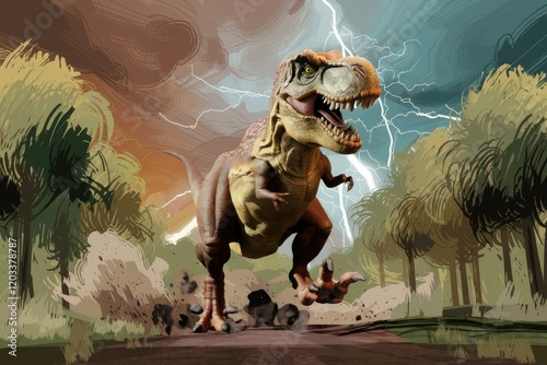 Tyrannosaurus Rex charging through a prehistoric storm, showcasing its power and ferocity amidst a dramatic landscape. photo