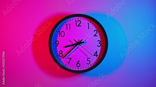 Clock face timelapse on red and blue background. Time ticking on classic wall clock. Time moving fast. Time concept. Wall clock show running time. Close-up in 4K, UHD