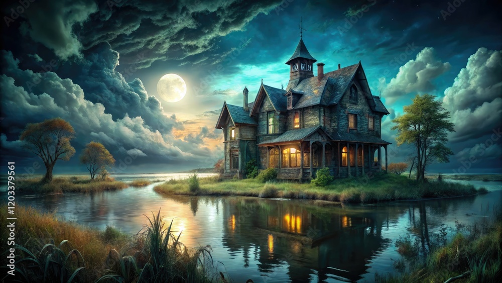 Obraz premium A haunted lakeside mansion, shrouded in darkness, whispers gothic secrets under the night sky.