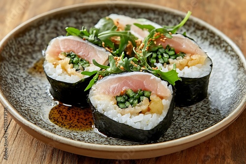 Italian sushi with arugula and prosciutto