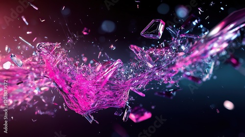 A chaotic burst of transparent crystal shards mixed with neon pink and electric purple liquid