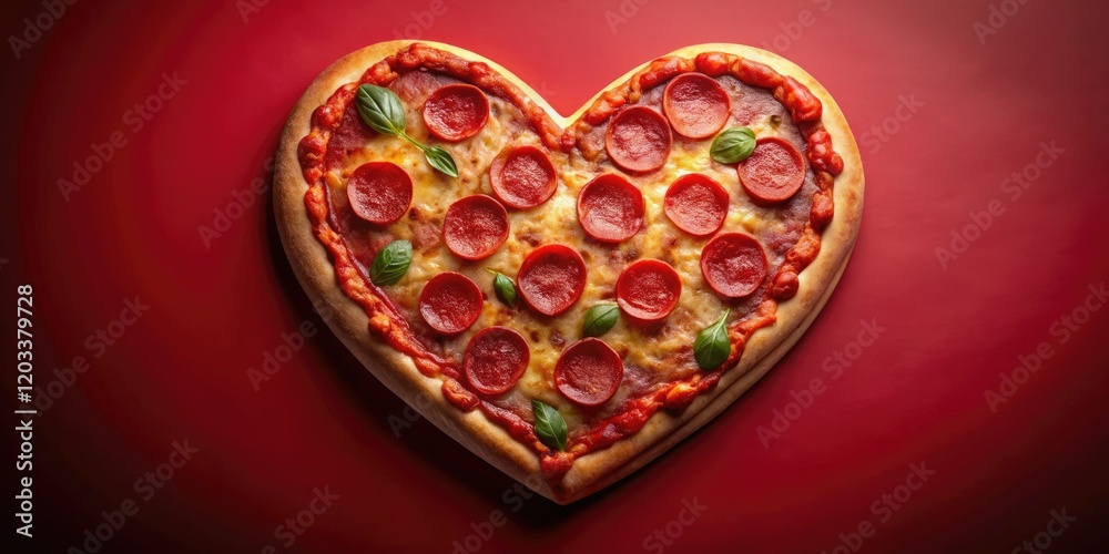 Fototapeta premium A heart-shaped pizza, vibrant red backdrop, AI-generated romantic food photography for Valentine's Day.