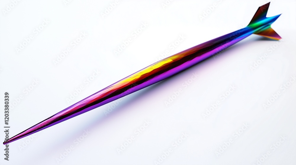 A sleek, colorful javelin with a glossy finish and gradient patterns on white. A sleek, colorful javelin with a glossy finish and gradient patterns on white.