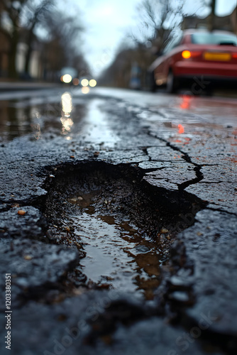 A detailed vertical photograph of a cracked pothole on a wet, damaged road with blurred edges, highlighting infrastructure decay and poor conditions