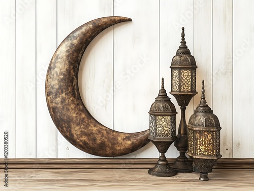 Ornate crescent moon and illuminated lanterns on wooden floor photo