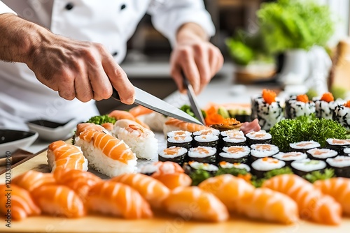 Japanese sushi chef preparing sushi photo