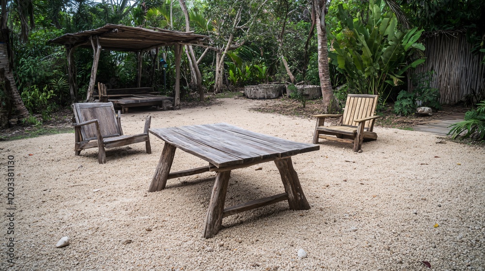 Rustic Wooden Table and Chairs in Tropical Garden Setting Rustic Wooden Table and Chairs in Tropical Garden Setting