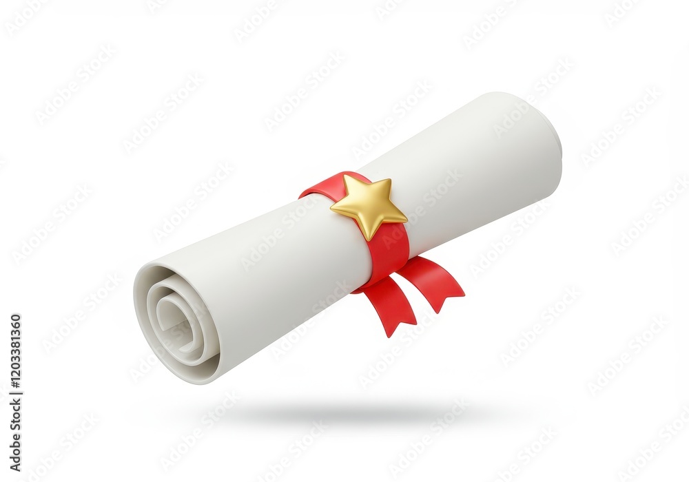 A 3D illustration of a rolled-up white certificate bound by a red ribbon with a golden star against a white background A 3D illustration of a rolled-up white certificate bound by a red ribbon with a golden star against a white background