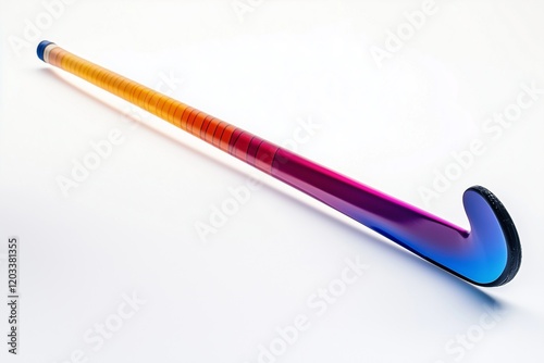A sleek field hockey stick with colorful, gradient finishes, isolated on a pristine white backdrop.