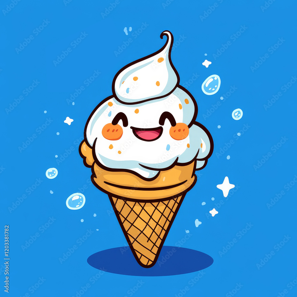 A cheerful cartoon ice cream cone with a smiling face and blue background, featuring swirls of soft serve and colorful sprinkles. A cheerful cartoon ice cream cone with a smiling face and blue background, featuring swirls of soft serve and colorful sprinkles.